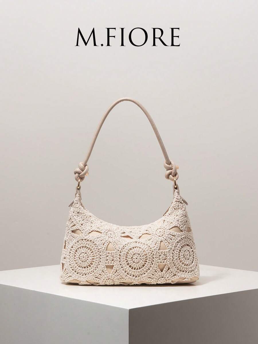 Women's Floral Print Shoulder Bag, Bohemian Style Summer Beach Bag, Travel Essential Holiday Gear, Crochet Set, Elegant Handbag, Gift For Her (Pattern Random) - Apricot - View 1