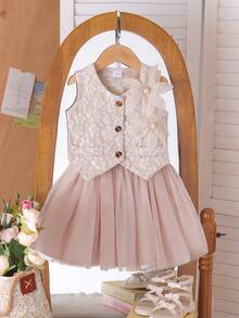 2pcs Young Girls Elegant Lady-Like Apricot Cardigan Vest Jacket + Mesh Skirt Set, Graceful Mori Style, Spring/Summer - Apricot - View 1