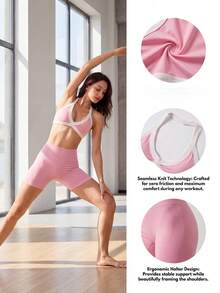 TCVC Spring/Summer New 2 Pieces Set, Women Seamless High Elasticity Sports Bra And Shorts - Pink - View 4