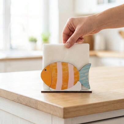 1/4件装可爱小丑鱼造型木制纸巾盒，以海洋为主题，适合海边餐厅、酒吧、宾馆以及作为桌面装饰品。