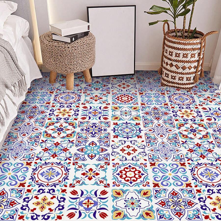 1 Paquete (16 piezas) Pegatinas de pared planas 2D con patrón floral vintage, pegatinas de azulejos autoadhesivas y removibles de PVC, adecuadas para decoración del hogar, cocina, habitación, pared y suelo - 16 piezas - Ver 1