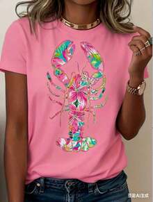 Women's Lobster Pattern T-Shirt - Soft Pink And Turquoise Coastal Print, Loose Fit, Short Sleeves, Round Neck, Lightweight And Breathable Summer Beach Party Top, Vibrant Lobster Design, Women's Casual Everyday Shirt, Machine Washable,  Gift Choice (New Stylish T-Shirt) - 粉色 - 查看 3