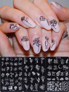 Bộ 1/3 khuôn dập móng tay hình hoa lá mùa xuân hè, bướm, tulip, lá cây, khuôn dập móng nghệ thuật họa tiết đường nét đơn giản, dụng cụ làm móng bằng kim loại tái sử dụng cho salon làm móng và thiết kế móng nghệ thuật. - Bạc - Xem 13