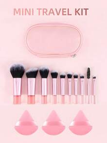 Bộ 10 cọ trang điểm mini màu hồng + 3 bông mút trang điểm (bao gồm cọ nền, cọ phấn phủ, cọ tạo khối, cọ má hồng, cọ phấn mắt, cọ highlight, cọ kẻ lông mày), dụng cụ trang điểm du lịch tiện lợi, bộ cọ trang điểm - Hồng - Xem 11