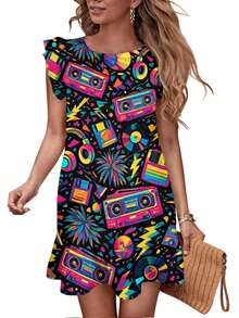 Vibrant 80s Music And Tech Pattern With Boomboxes, Headphones, And Vinyl Records Women's Summer Casual Flutter Sleeve Dresses Crew Neck Elastic Mini Dress - 彩色 - 查看 1