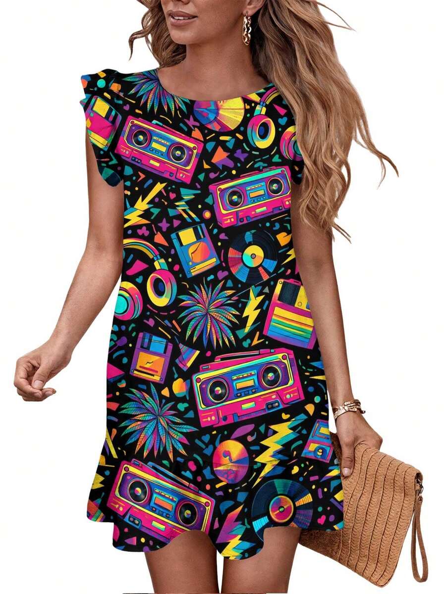 Vibrant 80s Music And Tech Pattern With Boomboxes, Headphones, And Vinyl Records Women's Summer Casual Flutter Sleeve Dresses Crew Neck Elastic Mini Dress - 彩色 - 查看 1