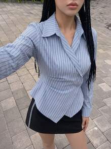 Rikumo 女士休闲通勤条纹印花裹身纽扣前部不对称下摆衬衫，春秋 - 霧霾藍 - 查看 1