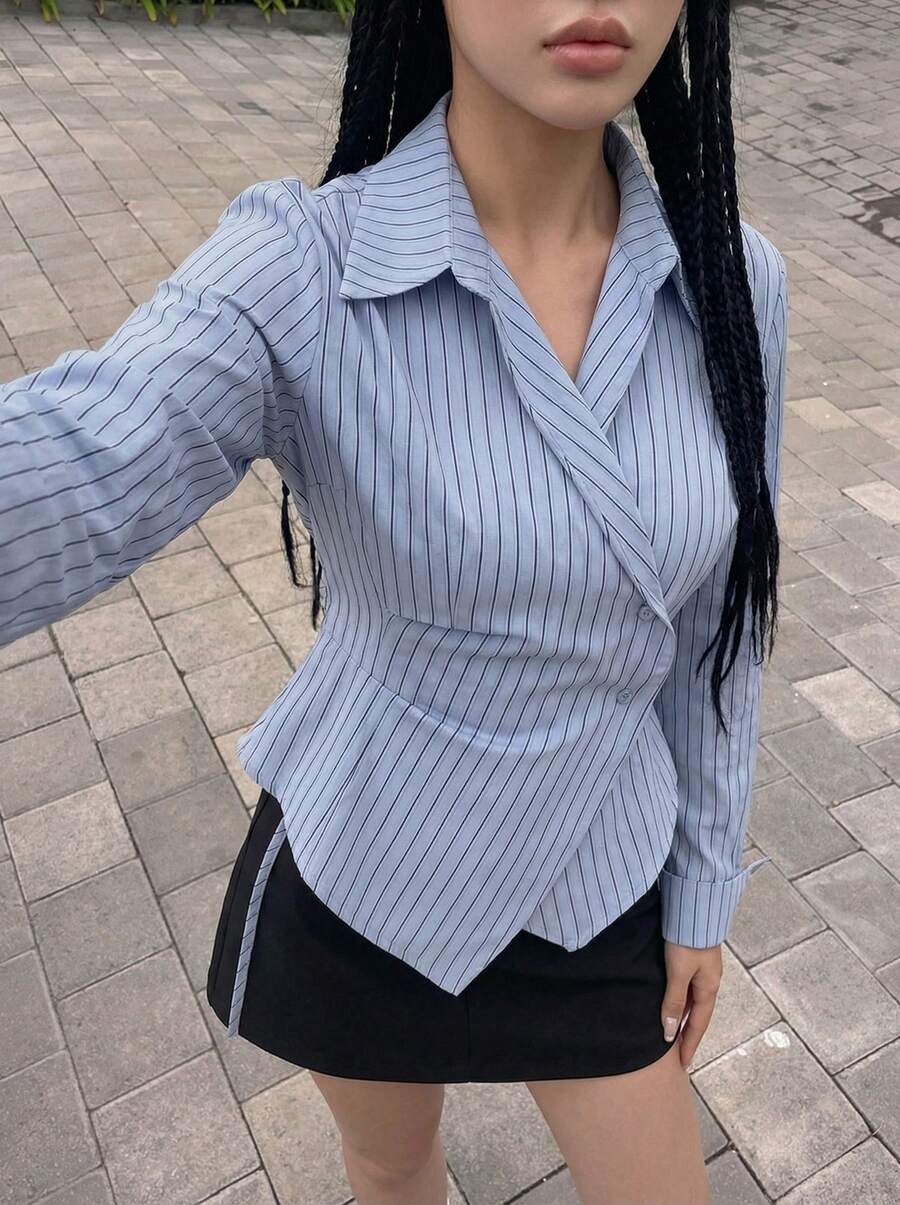 Rikumo 女士休闲通勤条纹印花裹身纽扣前部不对称下摆衬衫，春秋 - 霧霾藍 - 查看 1