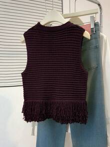 Áo vest dệt kim nữ thời trang, thoải mái, đa năng, thanh lịch, có tua rua ở gấu áo, khoét lỗ, màu trơn, không tay, cổ tròn, phù hợp cho mặc hàng ngày, hẹn hò, du lịch và các buổi tụ họp mùa hè. - Gỗ đỏ - Xem 3