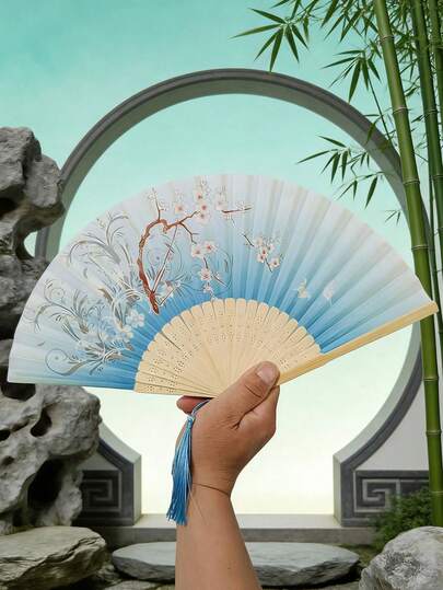 1 chiếc quạt xếp kiểu cổ điển, kiểu Trung Quốc, dành cho nữ mặc Hanfu, múa, quạt tre cầm tay tiện dụng cho mùa hè.