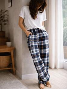 VB ONLINE Women's Fleece Pajama Pants, Comfortable Soft Plaid, Warm, Sleepwear For Winter, Sizes M To XL - Cờ Hải quân - Xem 2