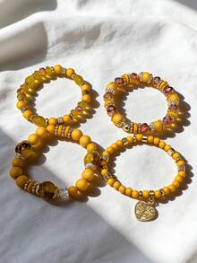 4 pièces Bracelet avec pendentifs en forme de cœur de style rétro, idéal pour la Saint-Valentin, la mère, la fête des mères, comme cadeau - Jaune citron - Voir 4