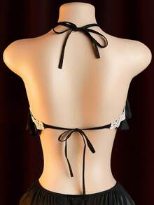 两件套性感内衣套装 - 黑色露背系带短款上衣 + 配套迷你短裤 - 黑色 - 查看 5