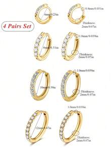 4 Pairs/1 Pair Elegant Earrings For Women, Stainless Steel Hoop Earrings. Gold-Tone Summer Earring Set, Jewelry For Females. Golden Jewelry. Silver Hoop Earrings With Cubic Zirconia, Suitable For Wearing On Cartilage, Earlobe, Helix. These Earrings Are Lightweight And Hypoallergenic (6mm/8mm/10mm/12mm). Suitable For Daily Wear, Parties, Vacations, Swimwear - As Shown - View 10