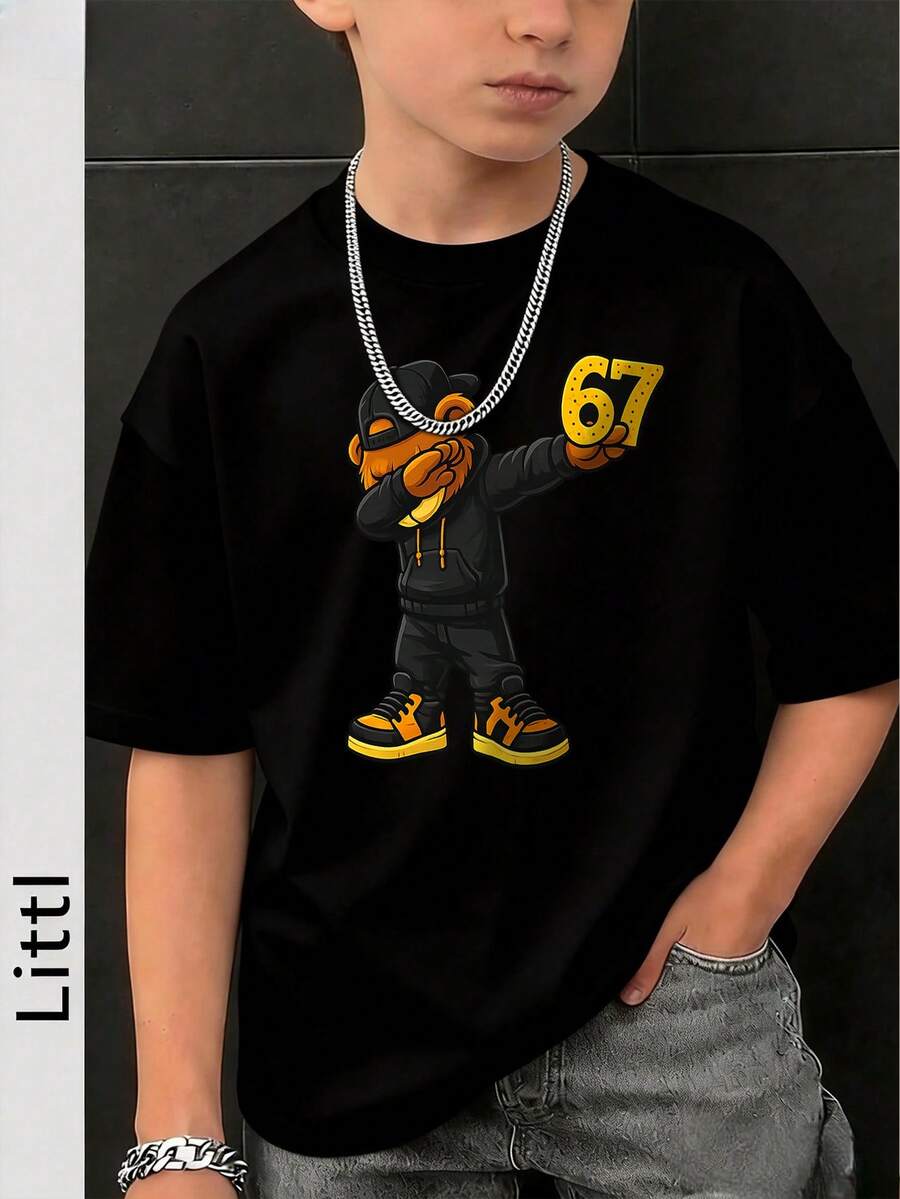 Áo thun ngắn tay cổ tròn in họa tiết dành cho bé trai tuổi teen, kiểu dáng thường ngày, thích hợp mặc mùa hè. - màu đen - Xem 1