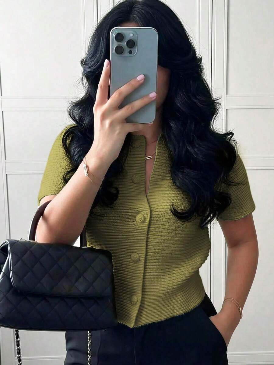 Women's Short Sleeve Button Front Knit Cardigan Sweater With Collar Casual Slim Fit Top Spring - Olive Green - View 1