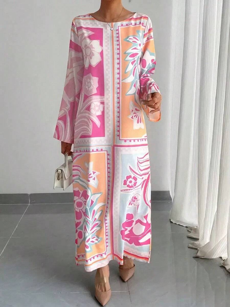 1pc Women's Luxury Round Neck Flounce Sleeve Loose Casual Lightweight Breathable Everyday Robe, Vacation Style, Elegant Evening Gown, Traditional Arabic Festival Dress - Pink - View 1