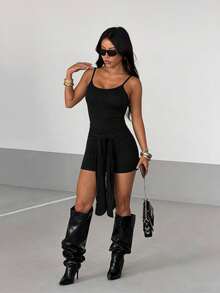 AiTyi 女士两件套，青春活力，黑色两件套，女士办公装，健身，晨跑，披肩，连体裤，小众设计，Y2K风格，高弹柔软，舒适，毕业季和返校季，春夏服装 - 黑色 - 查看 2