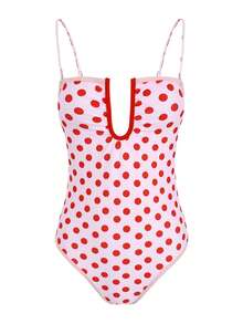 Áo tắm liền thân chấm bi sành điệu, khoét eo, kiểu dáng quây ngực, cổ chữ U sâu, xếp ly, thích hợp cho kỳ nghỉ hè ở bãi biển, có dây đeo có thể tháo rời. - Hồng - Xem 8