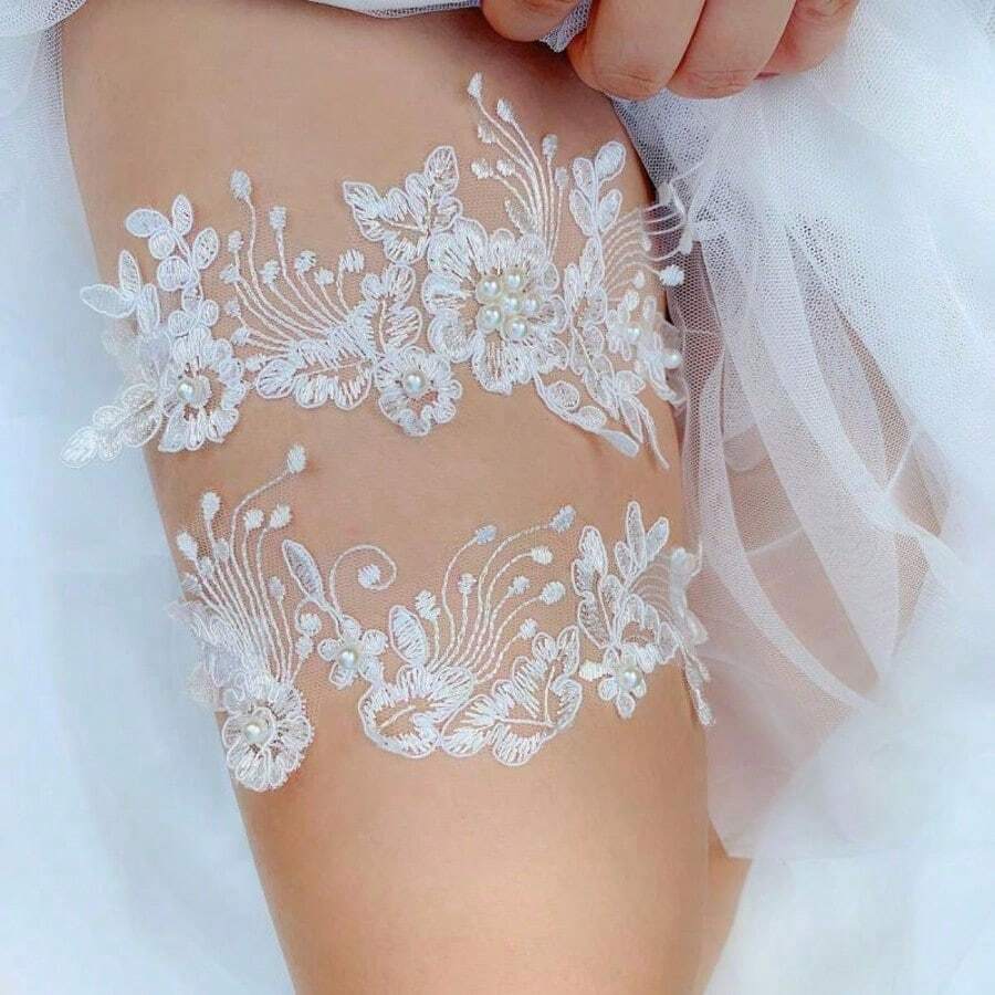 新娘婚禮大腿吊襪帶 女款蕾絲仿珍珠彈性花卉腿飾 婚禮派對 新娘派對 夜間配件 夏季 海灘 優雅 生日 - 白色 - 查看 1