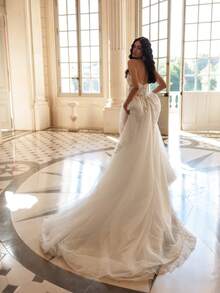 Romantic Strapless Sweetheart 3D Floral Illusion Lace Tulle Gown With High Slit & Train, Wedding Dresses For Bride, Elegant And Comfortable, Includes Plus Sizes, Bridal Gown, Formal Dresses For Women, Suitable For Wedding, Party, Vacation, Bride, Formal Occasions, Dinner Dress, Prom Dress, After-Party Dress, Homecoming Dress, Cocktail Party, Birthday Party, Celebration, Gala, Festival, Ceremony, White - 白色 - 查看 6