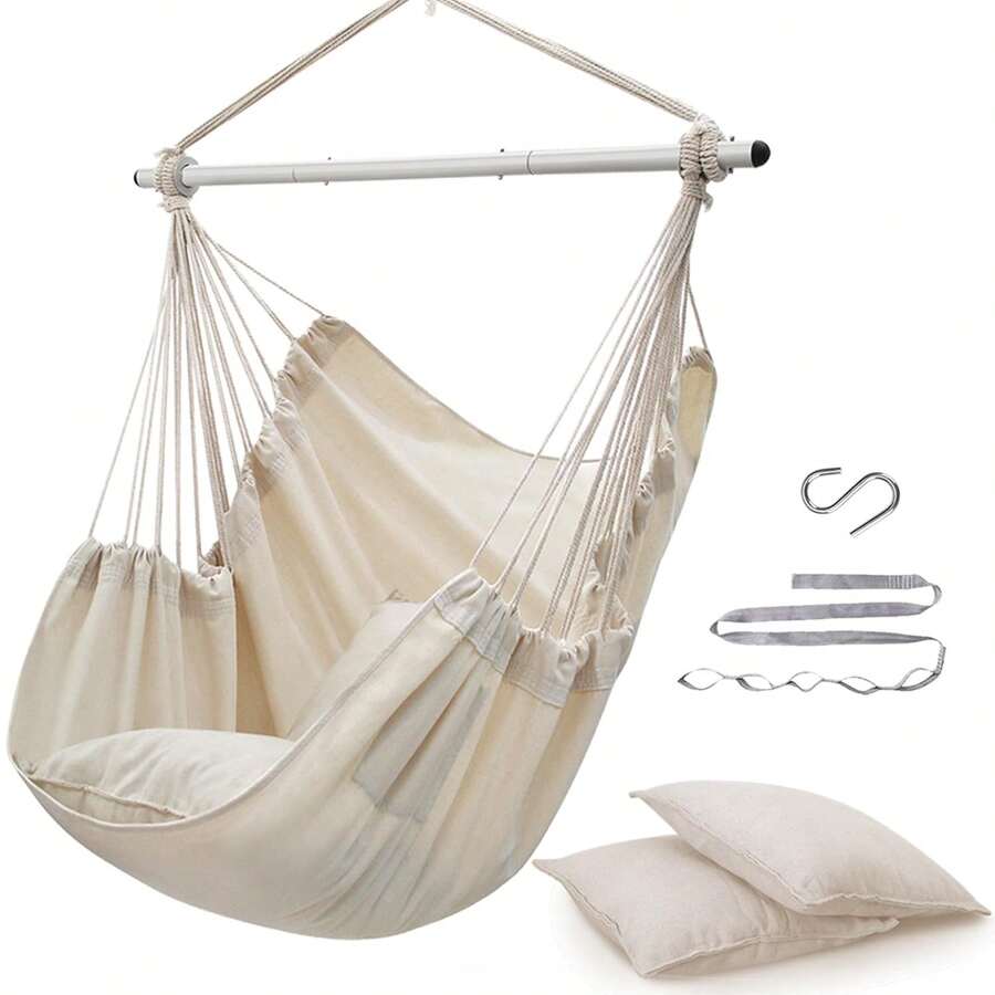 Hammock Chair Swing, Heavy-Duty Hanging Rope Swing Seat Supports 500 Lbs, Ideal For Outdoor Patio, Backyard, Porch, Deck & Indoor Bedroom Use(2 Pillows + Rope + S-Hooks) - Trắng - Xem 1