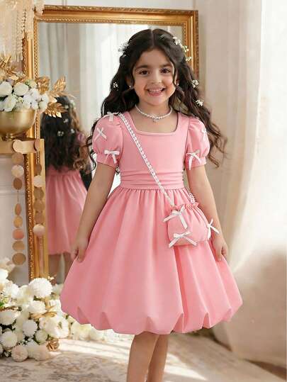 女童公主裙套装，儿童夏季花瓣袖蝴蝶结装饰连衣裙，婴儿派对假日连衣裙带包，夏季