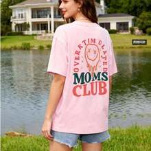 1pcsWomen's Summer Overstimulation Mom Club Graphic Print Round Neck Short Sleeve Simple Casual Everyday Black Plus Size-Shirt Tops, Mom Birthday Grap - 粉色 - 查看 6