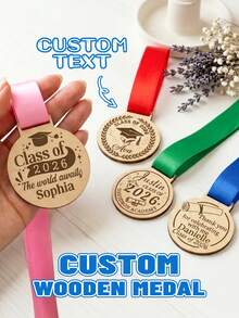 Customized Personalized Wooden Graduation Medal - Customized Text Engraved Wooden Trophy With Ribbon, An Ideal Graduation Gift For Graduates - Suitable For Graduation Ceremonies, Parties. - Multicolor - View 1