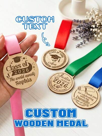 Custom Personalized Graduation Wooden Medal - Custom Text Engraved Wooden Award With Satin Ribbon - Class Of 2026 Graduation Medal With Cap & Diploma Design - Perfect Graduation Gift For Graduates - Ideal For Graduation Ceremonies, Parties & Recognition Use