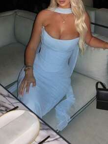 [Spring/Summer Style] Best-Selling New Arrivals Women's New Summer 2 Pieces Set: Backless Crop Top And High-Waisted Fitted Midi Skirt - Elegant And, Suitable Cocktail Parties, Birthday Celebrations, And Nightclubs Wedding White Spring - 嬰兒藍 - 查看 6