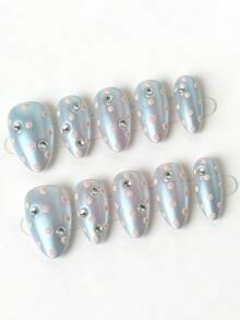 10 móng tay giả thủ công nguyên chất, độ dài trung bình, hình hạnh nhân, màu bạc và hồng ánh kim với chấm bi, dễ thương, sang trọng, hiệu ứng ánh sáng Y2K nhẹ nhàng, cá tính, phù hợp cho nữ và nữ, mùa xuân, hè, thu đông, ngày lễ và sử dụng hàng ngày. - Bạc - Xem 2
