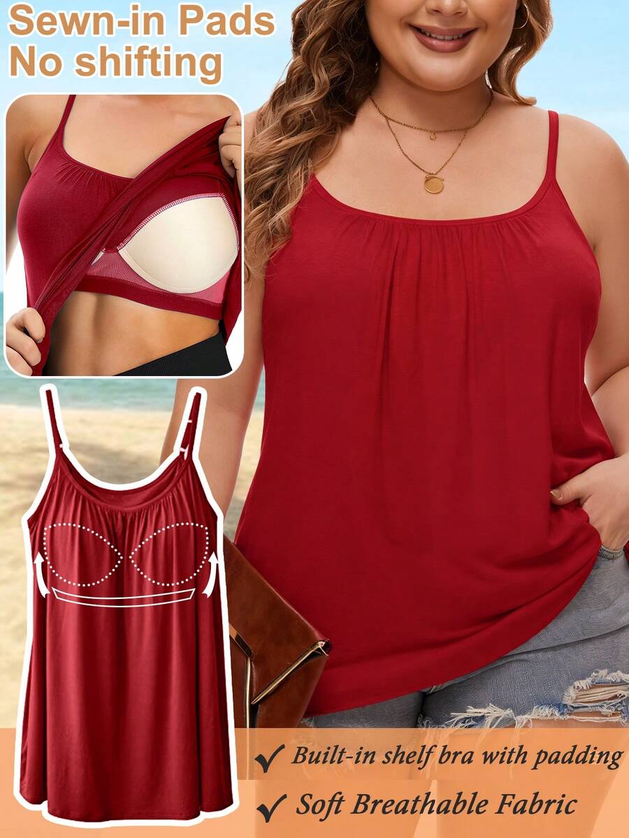 Plus Size Women's Cami With Built In Bra Flowy Tank Top Swing Pleated Shirt Camisole Adjustable Spaghetti Strap With Shelf Bra Cup Pad Loose Tops Summer Beach Casual S-4XL - Đỏ - Xem 1