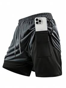 1 chiếc quần short thể thao nam 2 trong 1 mùa hè, chất liệu vải lưới, quần short chạy bộ, thích hợp cho tập luyện tại phòng gym và chạy bộ ngoài trời. - Màu xám đen - Xem 6