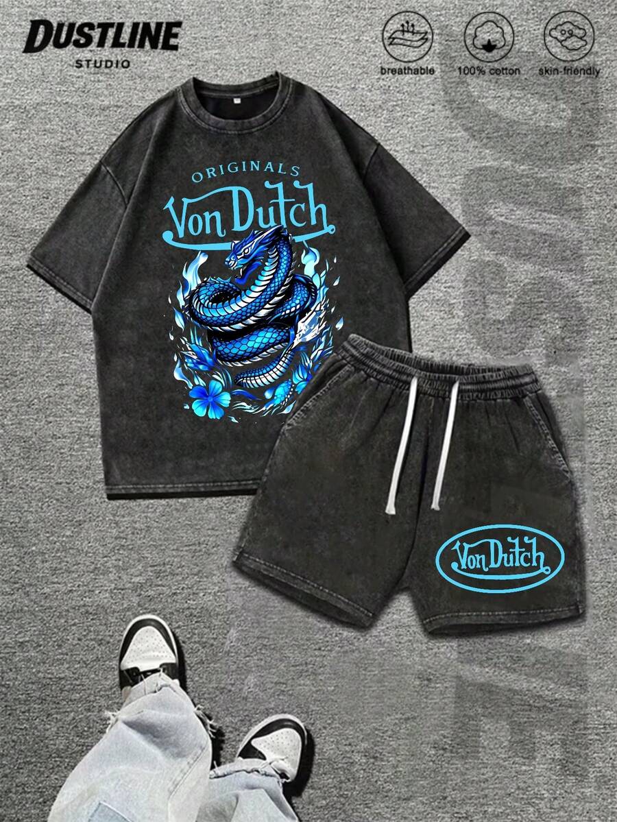 Mens Creative T Shirt And Shorts Set American Vintage Full Print Street Wear Essential T Shirt Set Men Graphic T Shirt And Shorts Set With Dragon And Flowers Print Washed Look Vons Dutchs Logo Design For Casual Outfits Summer Wear - màu đen - Xem 1