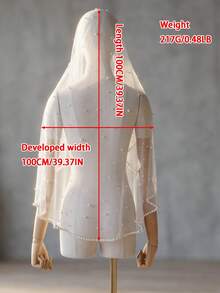 1 Layer Pearl Edged Bridal Veil Without Comb, Handmade Beaded Wedding Face Veil - Multicolor - View 4