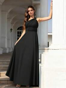 Volly Toych Elegant And Noble Black Chiffon Long Bridesmaid Dress, Sleeveless Asymmetric Neckline Ruched Twist Design, Suitable For Formal Occasions - Black - View 6