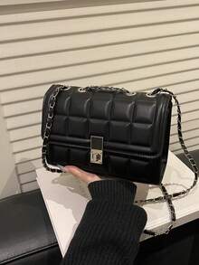 Fashionable Small Handbag For Women, New Arrival Plaid Shoulder Bag, Minimalist Chain Crossbody Square Bag - Black - View 11