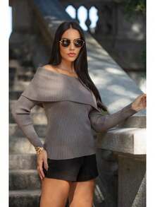 Blusa tricot canelada ombro a ombro manga longa moda tricô - Cinza - Visão 5