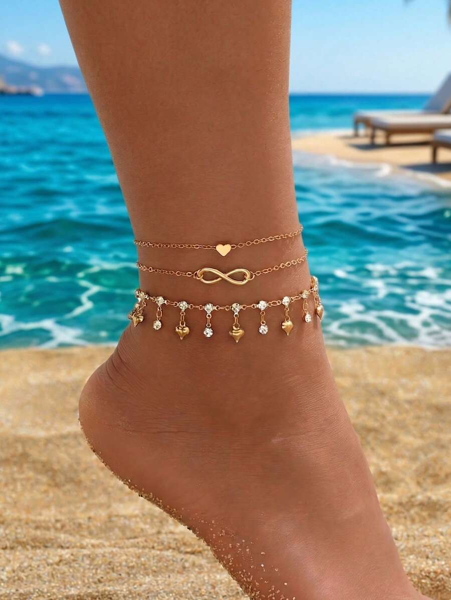 3pcs/Set Fashionable Multi-Layer Gold Heart Tassel Anklet, Charming Women Beach Water Crystal Anklet Suitable For Daily, Party And Beach Holiday Wear. Handmade Chain Length And Bead Quantity Not Fixed - Gold - View 1