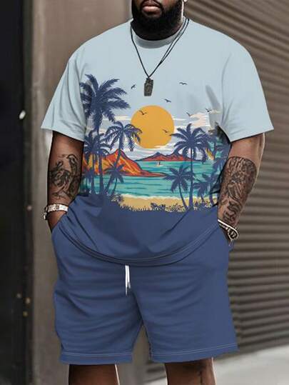 Conjunto de camiseta de manga corta con cuello redondo y estampado digital 3D talla grande talla para hombres, y pantalones cortos deportivos a juego, versátil y sencillo, adecuado para citas, playa, vacaciones, lavable a máquina, verano