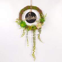 1pc Spring/Summer Rustic Faux Succulent Wreath With Welcome Sign, Farmhouse Home Front Door Wall Garden Decor - Wreath - View 3