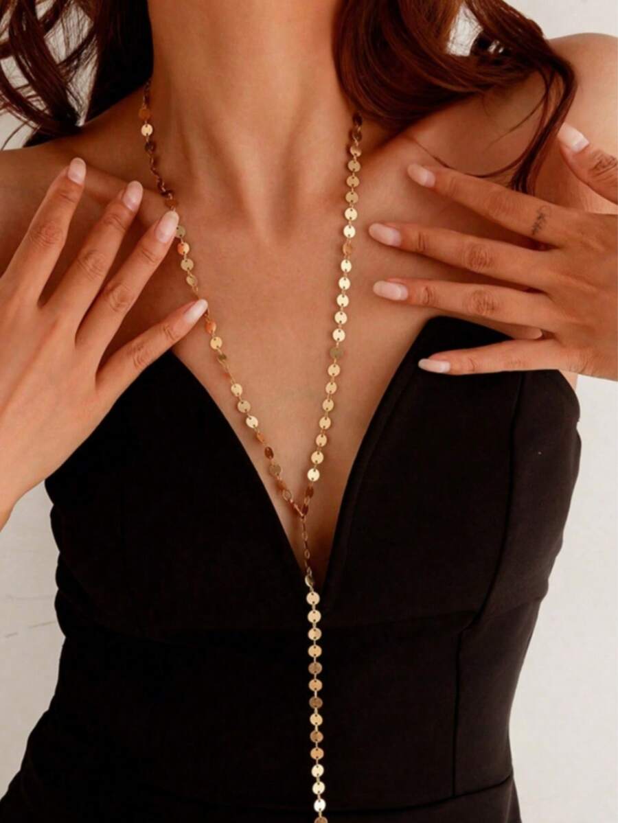 1 chiếc vòng cổ dài đính sequin tua rua, thích hợp cho nữ giới đeo hàng ngày. - Vàng - Xem 1