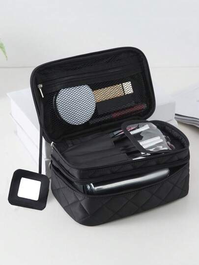 1Pc Black Rhombus Large Capacity Large Mirror Thickened Makeup Bag For Women Girls, Makeup Bag Makeup Pouch Skincare Bag Toiletry Bag Packing Cubes, Travel Essentials Cruise Essentials Dorm Essentials, Wedding Bridesmaid Gifts, Mom Gifts, Birthday Gifts, Gifts For Friends And Teachers, Home Decor, Bathroom Living Room Bed Make Up Organizer, Nail Polish Organizer,Pouch,Makeup Pouch,Travel Essential