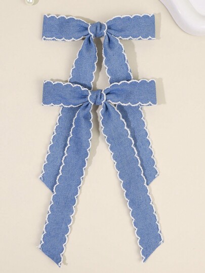 2pcs Blue Wavy Fabric Large Bow Hair Clips With Long Tail And Alligator Clip, Fashion Hair Accessories Suitable For Girls Teens Party Gifts