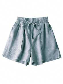 Women's Casual Linen Elastic Waist Pocket Shorts, Suitable For Spring And Summer Vacation - Baby Blue - View 3