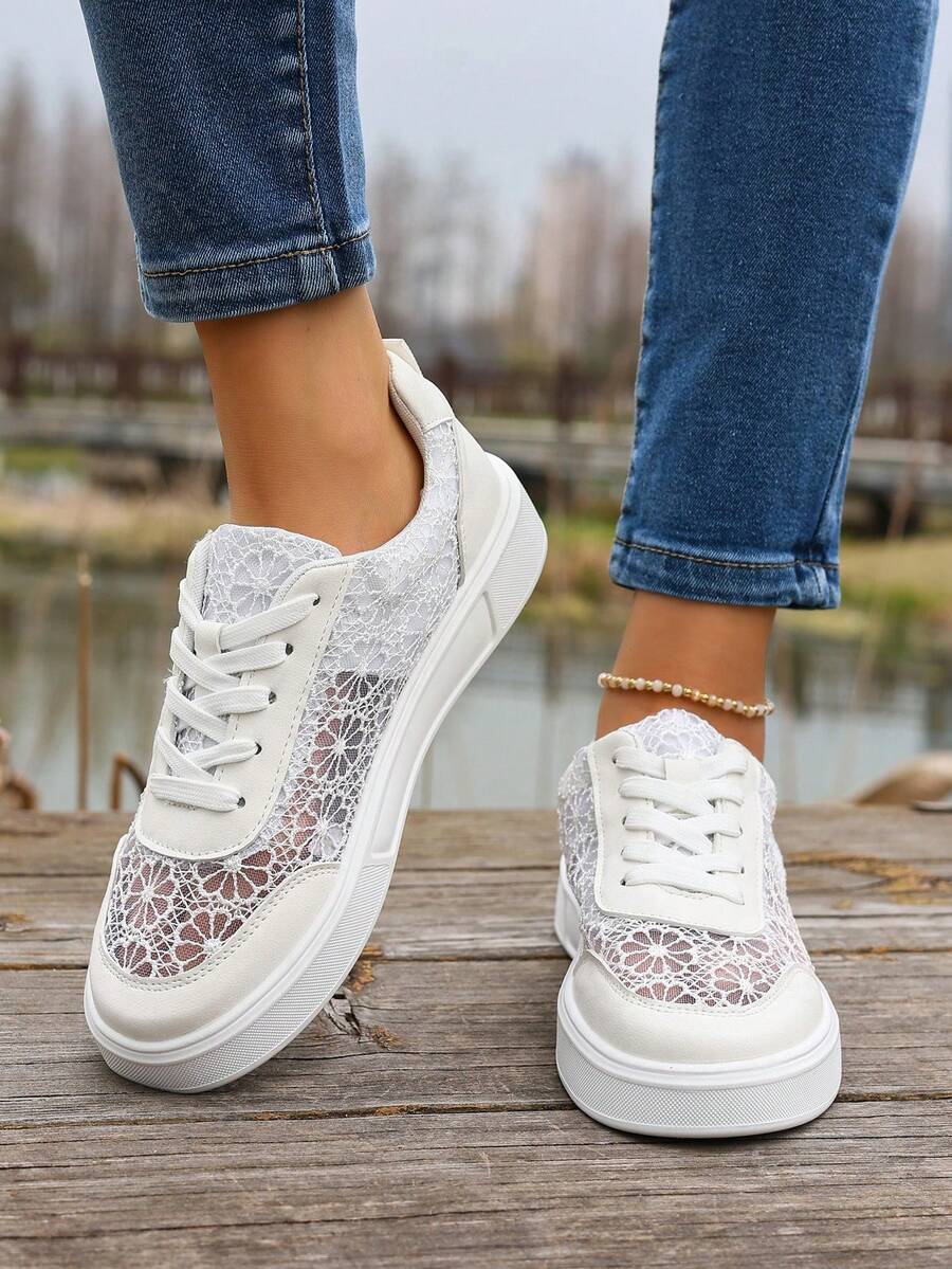 2026 Spring/Summer New Breathable Lace Mesh Shoes, Thick Sole Versatile Casual Shoes, Plus Size Shoes - Beige - View 1