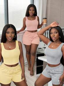 3pcs Women Elastic Waist Casual Shorts, Light Yellow & Light Pink Solid Color, Drawstring, Suitable For Spring, Autumn & Winter, Casual, Vacation, Home Summer - Light Pink/Sports Gray/Light Yellow - View 6