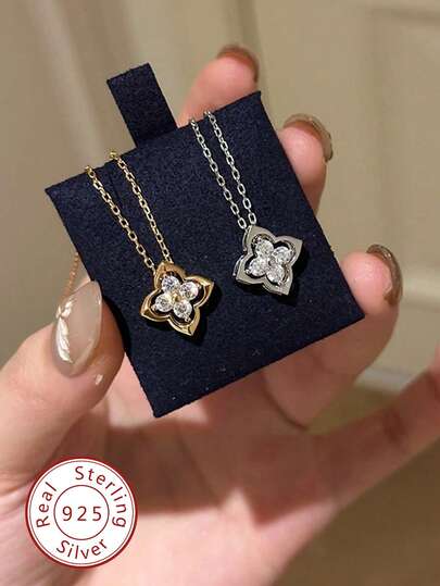 1件925纯银闪亮钻石四叶草项链，优雅经典女士项链，精致珠宝礼品，适合宴会、约会、生日、母亲节、圣诞节等场合。