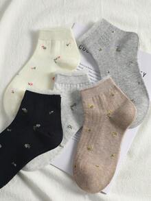 5 Pairs Women's Cute Breathable Floral Pattern Invisible Socks, Ankle Socks And Short Tube Socks, Fashionable INS Style Socks In White And Black, Minimalist And Comfortable, Suitable For Spring, Summer, Autumn And Winter - Multicolor - View 3